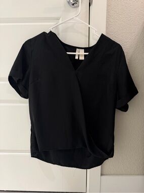 Japna Black V-Neck Short Sleeve Blouse Wrap Front Detail XS